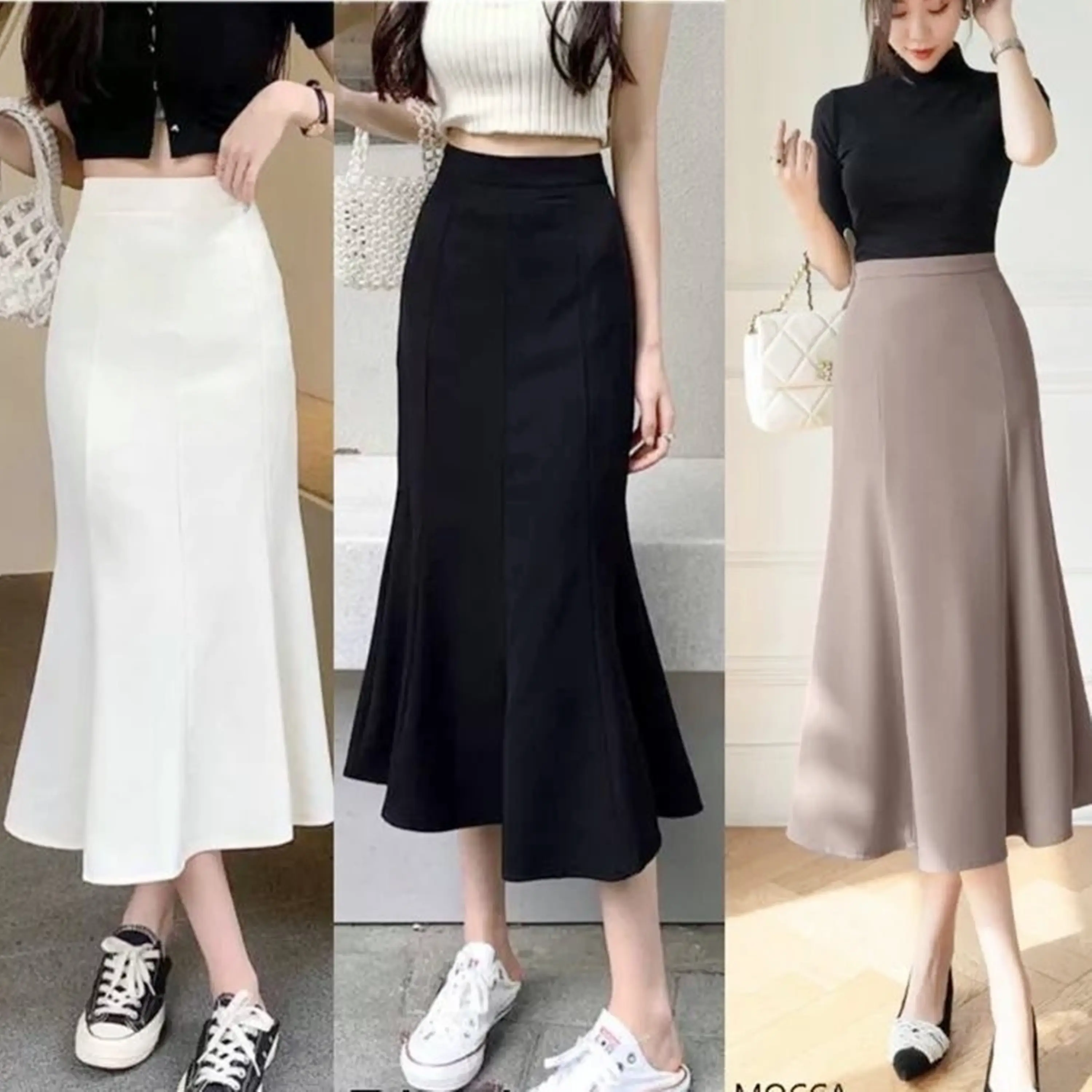 Mermaid Midi skirt Rok duyung Wanita Casual Scuba Waist