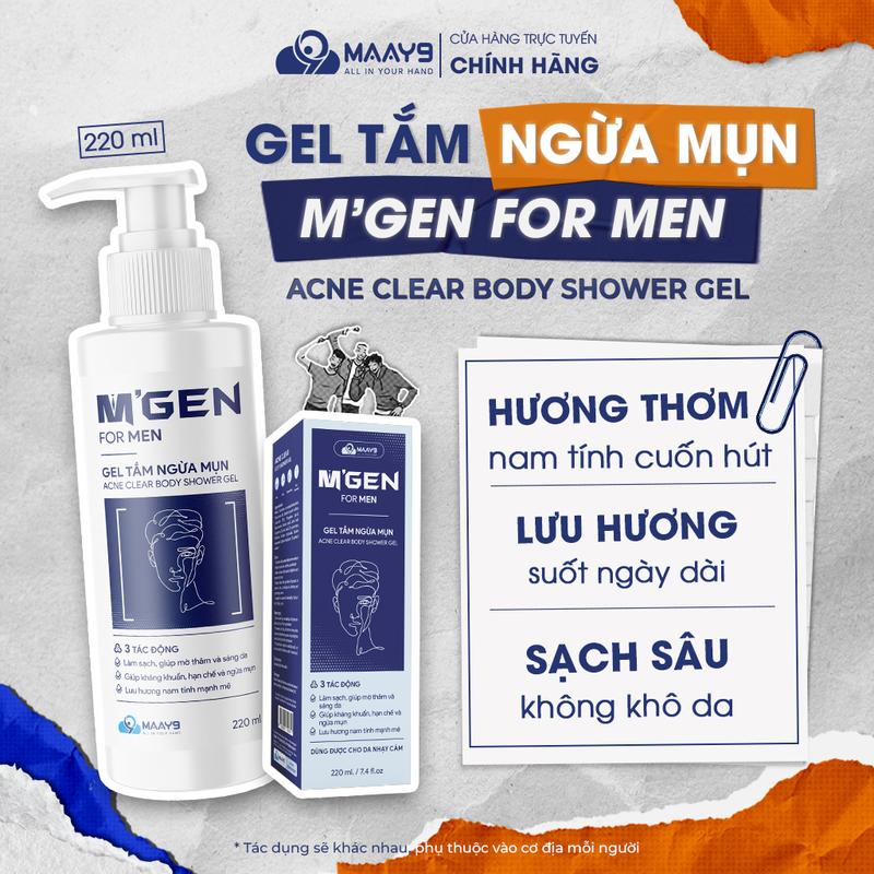  Gel tắm cho nam M'GEN giúp làm sạch góp phần ngừa mụn dưỡng ẩm hỗ trợ làm mờ thâm và dưỡng sáng da 220ml 