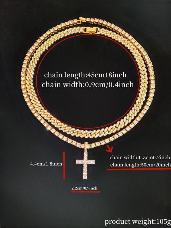 Luxury Artificial Zircon Cross Pendant Necklace & Rhinestone Cuban Chunky Chain Necklace, Sparkly Hip Hop Iced Out Bling Bling Punk Necklaces for Party Decor 5