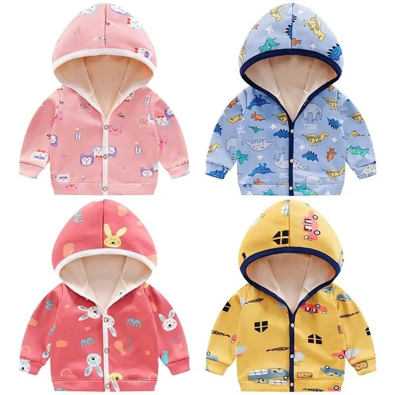 Cheap promotion Children's sweater jacket, with a hood at front button, made of cotton, and the inner fur is very soft.