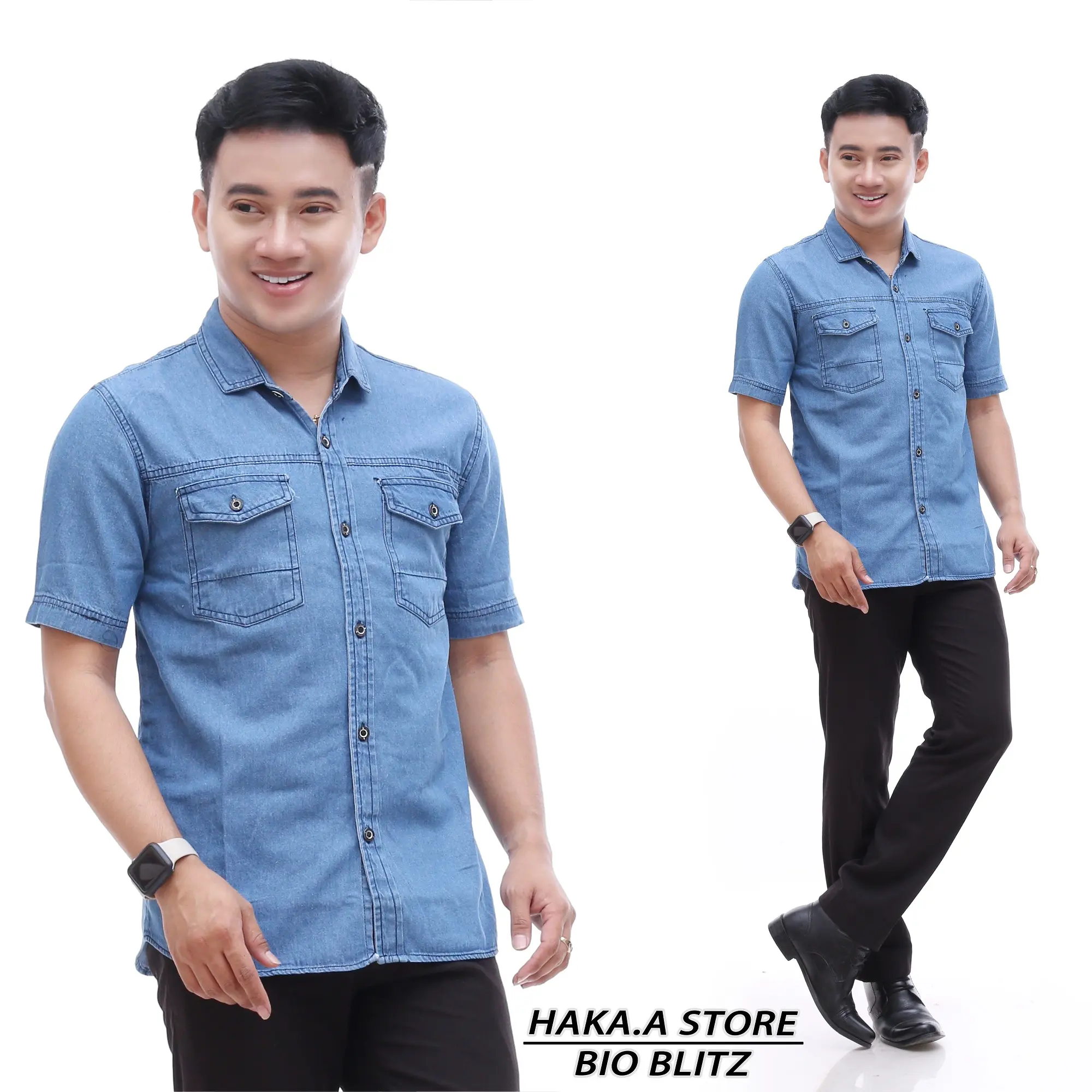 KEMEJA JEANS PRIA LENGAN PENDEK CASUAL DISTRO