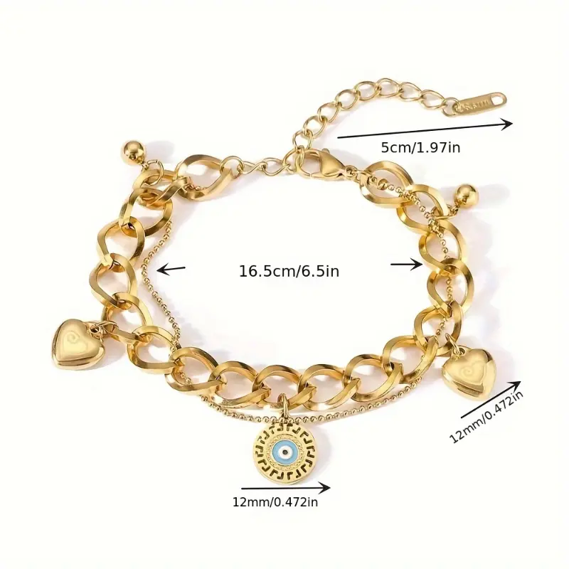 Elegant Golden-Tone Stainless Steel Bracelet with Heart Charms & Evil Eye Pendant - Vintage-Inspired, Design Perfect for Daily Wear & Gifting, Charm Bracelet 4