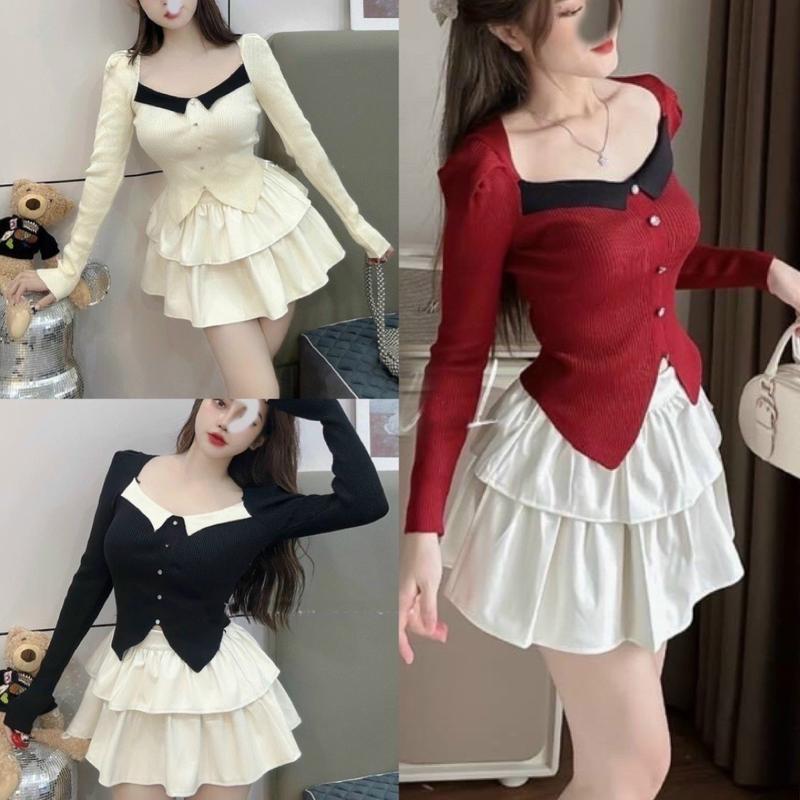 SB-223 Sét bộ nữ 2 món áo tay dài chất thun tăm phối chân váy 2 tầng chất vải Kate có quần trong ôm body lưng thun eo 58-75cm Free Size dưới 54kg hot trend Nữ Women Voi Top