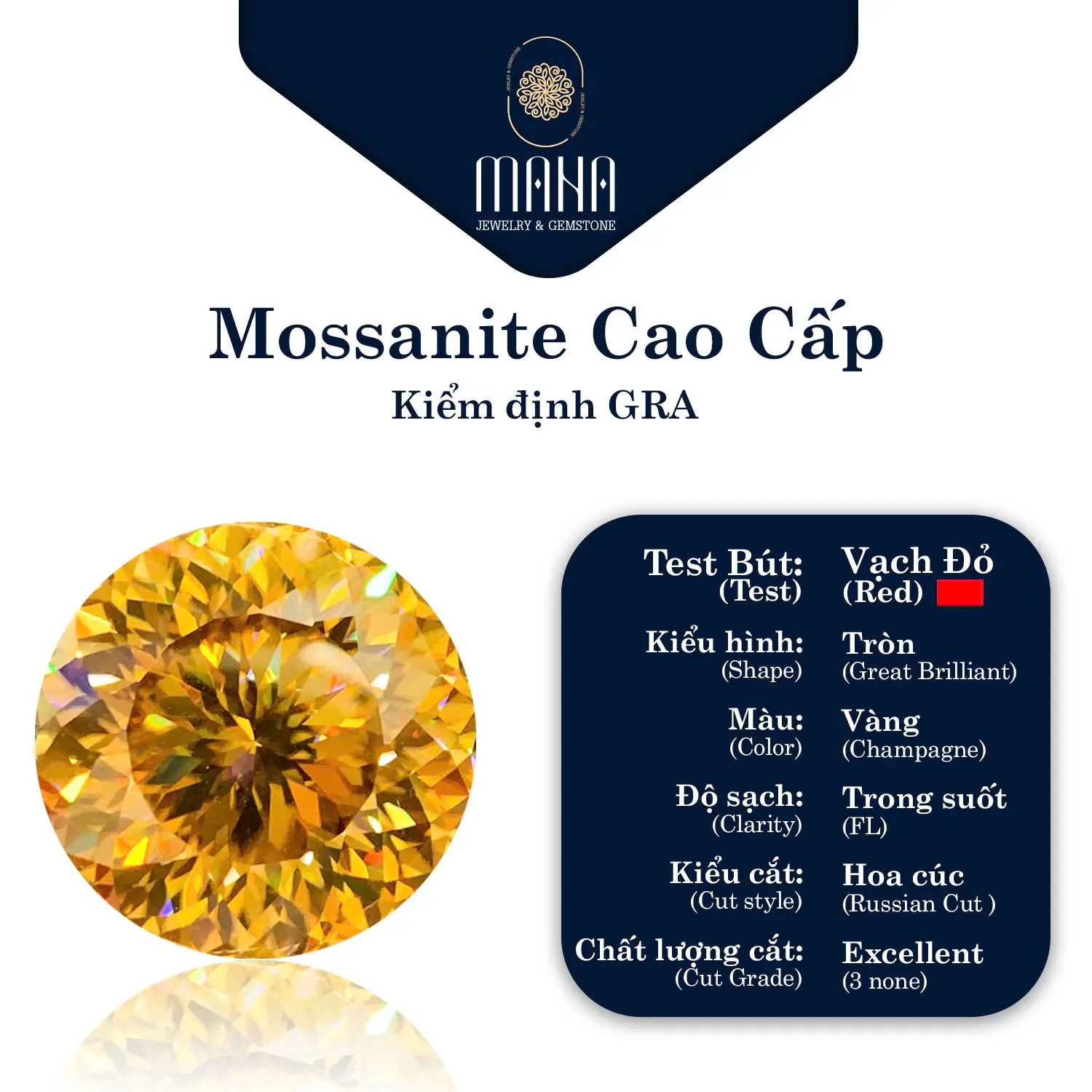 Kim cương Moissanite màu Vàng giác Hoa cúc Nga 4.0 - 12.0 ly viên Tròn Hàng Mỹ (kèm Kiểm Định GRA) Mana