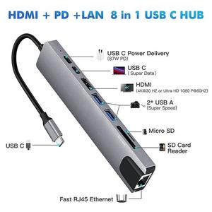 8 in 1 USB C Hub Type C to HDMI Adapter Type C to USB 3.0 RJ45 Ethernet Micro SD Card Reader USB C 3.1 Data Transmission 87W PD Charging Multi-Port Hub Type C Docking Station