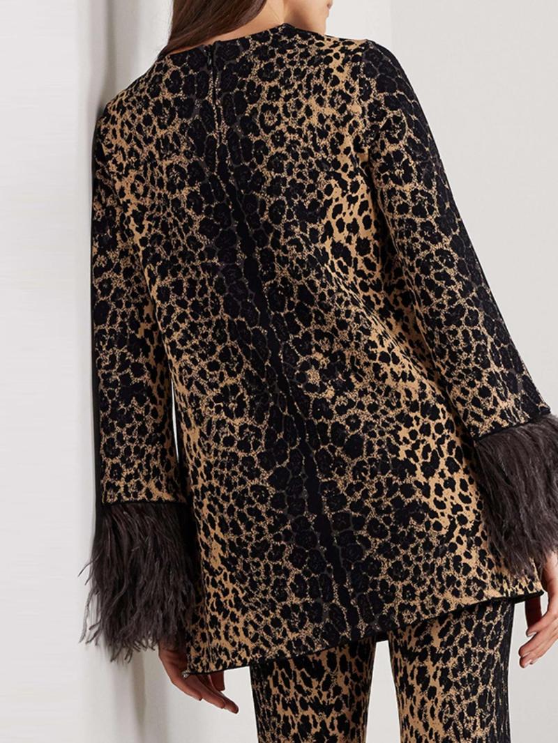 Product Introduction of Women's Leopard Print Contrast Faux Fur Trim Top & Pants Set, Elegant Long Sleeve Round Neck Top & Trousers, Ladies Clothes for All Seasons 2