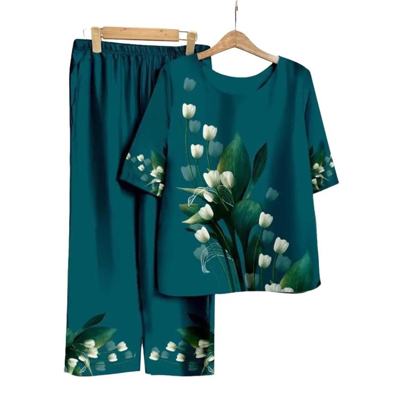 ĐỒ BỘ LỤA tặng bà tặng mẹ Nữ Women Voi Áo Top Polo Sen Kem Hoa Sen Quần Ngủ Áo ngủ Pijama