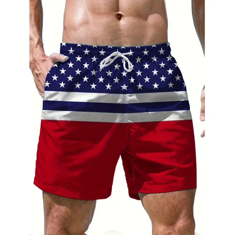 Quần Đùi Đi Biển Cờ Hawaii Yêu Nước Cho Nam, Chất Liệu Lưới 100%, In Kỹ Thuật Số 3D, Polyester Nhanh Khô, Eo Dây Rút, Thoải Mái Thường Ngày Thích Hợp Cho Mùa Hè