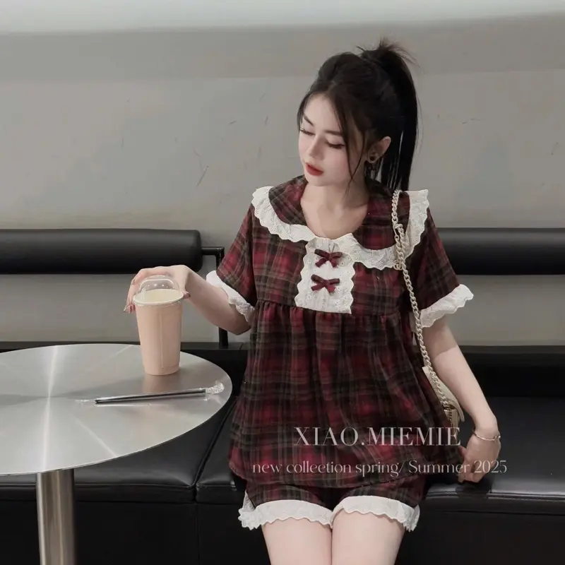 Bộ Đùi Phối Ren Kẻ Dáng Babydoll Quần Đùi Áo Cộc Tay Xinh Sét Pizama Ngủ Cổ Bèo 0