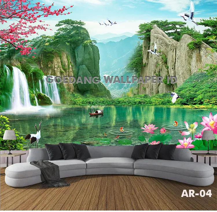 JASA CETAK Wallpaper Stiker Dinding Vinyl Custom 3D Motif Pemandangan AIR Terjun Indah Waterfall, Wallpaper Dinding 3D Custom Kamar,Ruang Tamu Motif Air Terjun 3