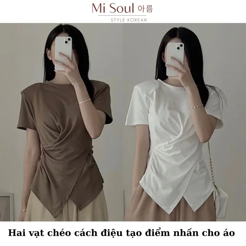 Áo Thun Xoắn Eo Cổ Tròn MiSoul BigSize , Áo Cộc Tay BigSize Vạt Chéo 199 Top Nữ Women Đen Cotton Voi 3