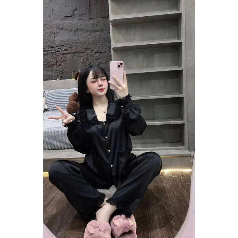 Đồ Ngủ Nữ, Đồ Bộ Tiểu Thư TAMY Pijama Tay Dài Cổ Sen Ren Tầng Chất Lụa Latin Mát Mịn - Freesize < 58Kg 4