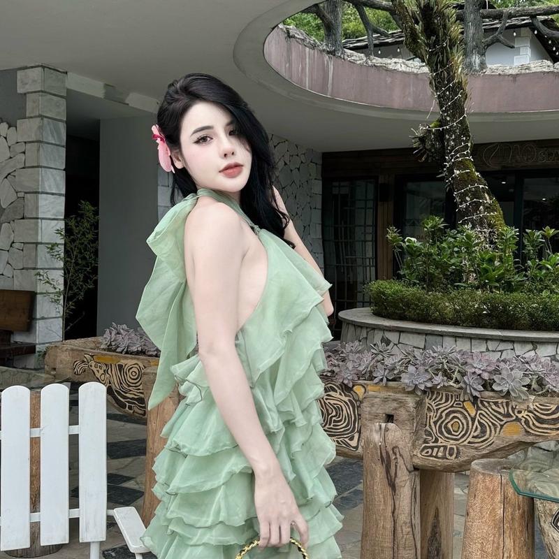 Váy thiết kế - Váy tơ cổ buộc bèo tầng xếp xinh sang full màu hồng xanh kem đen 1253 Nữ Women Nữ Women Nhung Dress 5