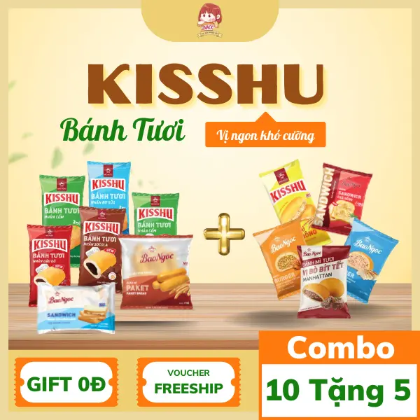 [ Mua 10 Ngọt Tặng 5 Mặn] Mua 10 Bánh Mì Nhân Ngọt Cốm, Socola, Đậu Đỏ, Bơ Sữa Tặng 5 Bánh Mì Nhân Mặn Chà Bông,Thịt Gà,Thịt Bò, Bánh Mì Bảo Ngọc Dinh Dưỡng, Thơm Ngon