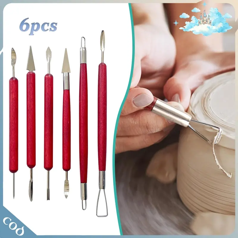 -6pcs- Alat Clay Double Ujung Merah Desain Minimalis Grip Ergonomis Untuk Kerajinan Tangan Siswa