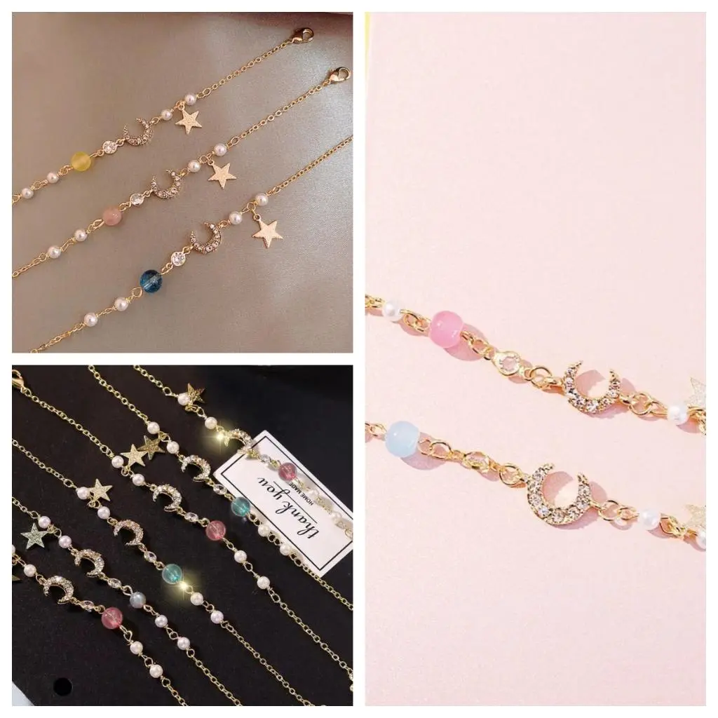 Gelang Wanita Korea Wanita Fashion Mutiara Tangan Rantai Adjustable Pearl kristal Bintang Bangle