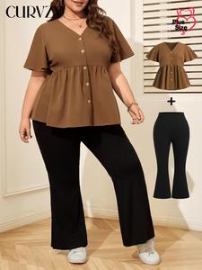 【Plus Size】Two-Piece Set CURVZY Solid Color Top & Flare Leg Pants Set, Casual Fashion Cozy Two-piece for Daily Outdoor Wear, Women Clothing for Spring Fall