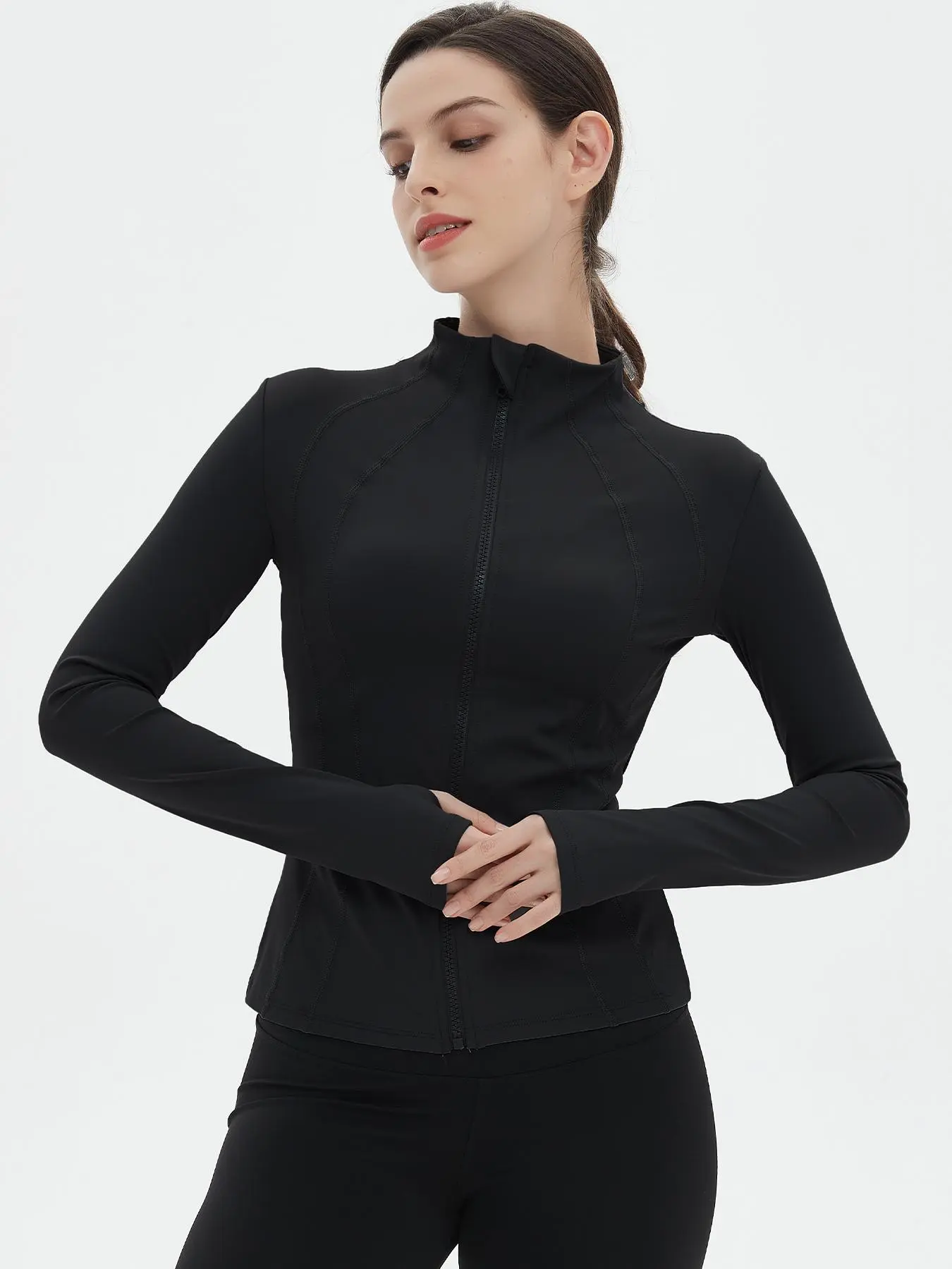 Women's Solid Thumb Hole Zip Up Mock Neck Jacket, Casual Long Sleeve  Jacket for Outdoor Sports, Ladies Clothes for All Seasons