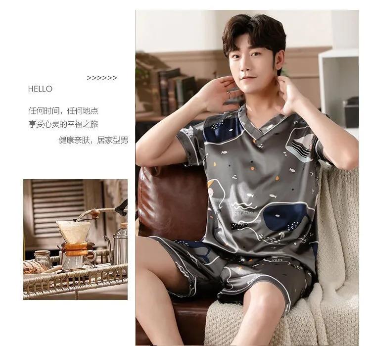Product Introduction of Men's Pajamas Summer Fashion V-Neck Thin Ice Silk Short-Sleeved Shorts Nightie Two Piece 2024 New Boys Casual Sleepwear Nightie 30