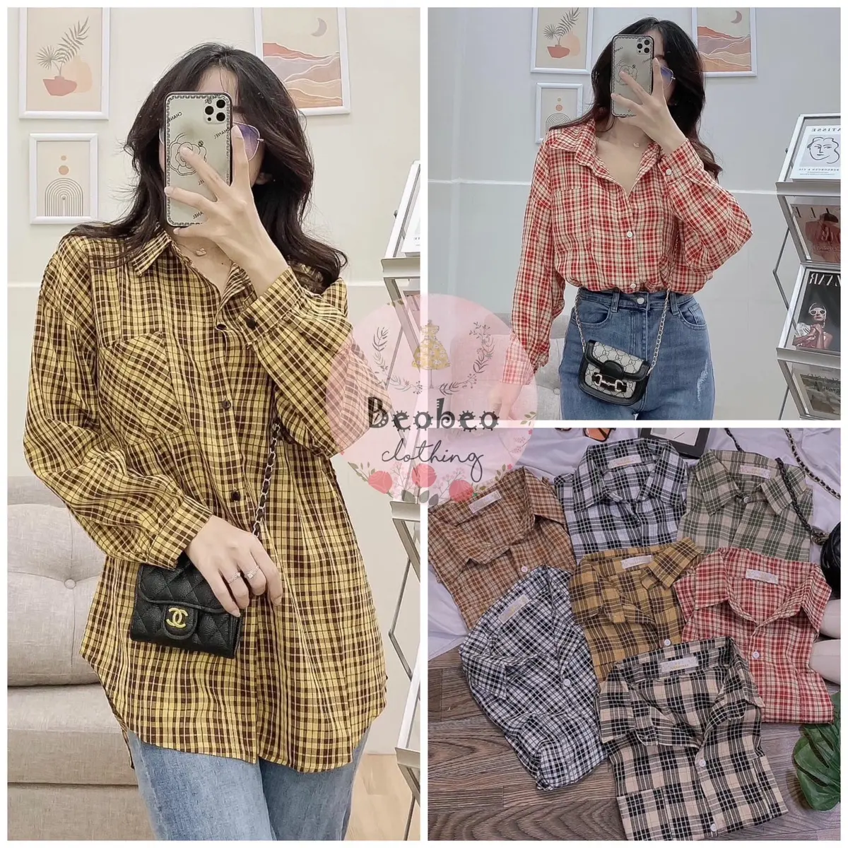 Áo sơ mi oversize sọc kẻ caro tay phồng nhiều màu ulzzang