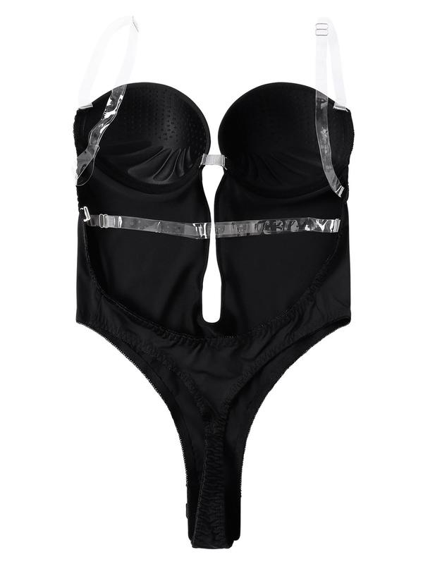 Women's Plain Sexy Cut Out Deep V Neck Backless Shapewear Bodysuit, High Stretch Transparent Shoulder Strap Thong Design Bodysuit, Ladies Shapewear Clothing for All Seasons 5
