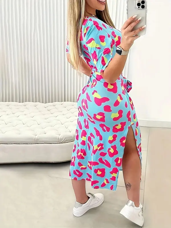Women's Leopard Print Knot Front Split Hem Dress, Casual Short Sleeve Round Neck Dress for Summer, Ladies Clothes for Daily Wear, Womenswear, Summer Dresses 4