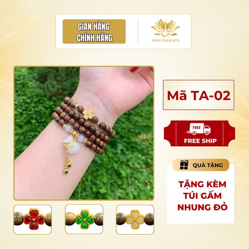 Vòng tay trầm 108 hạt mix cỏ 4 lá và túi Tặng kèm túi gấm nhung đỏ Phụ Kiện