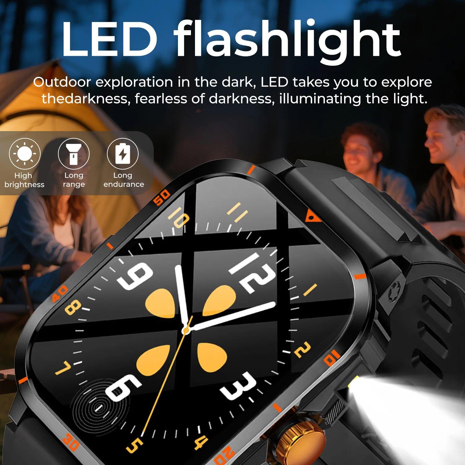 2026 New LED Flashlight Smart Watch Men Bluetooth Call Waterproof 400mAh Large Battery Smartwatch Heart Rate Monitor Smart Watch