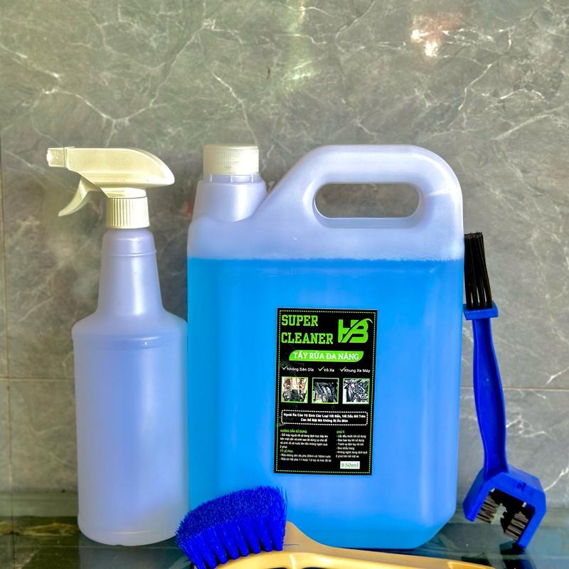 Can Tẩy Super Clener 5L Rửa Sên Kèm Bàn Chải Vệ Sinh Lốp Cao Cấp, Chai 850ml, Vòi Tạo Bọt, Bàn Chải Chà Sên, Chà Hóc Mang Cá - Phụ Kiện Lau Xe dung  dịch