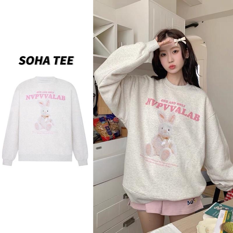 Áo sweater boxy nữ màu xám tiêu form rộng in hình Thỏ Bông dễ thương, áo nỉ 2 da hot trend dày dặn dáng rộng-SOHA.STU