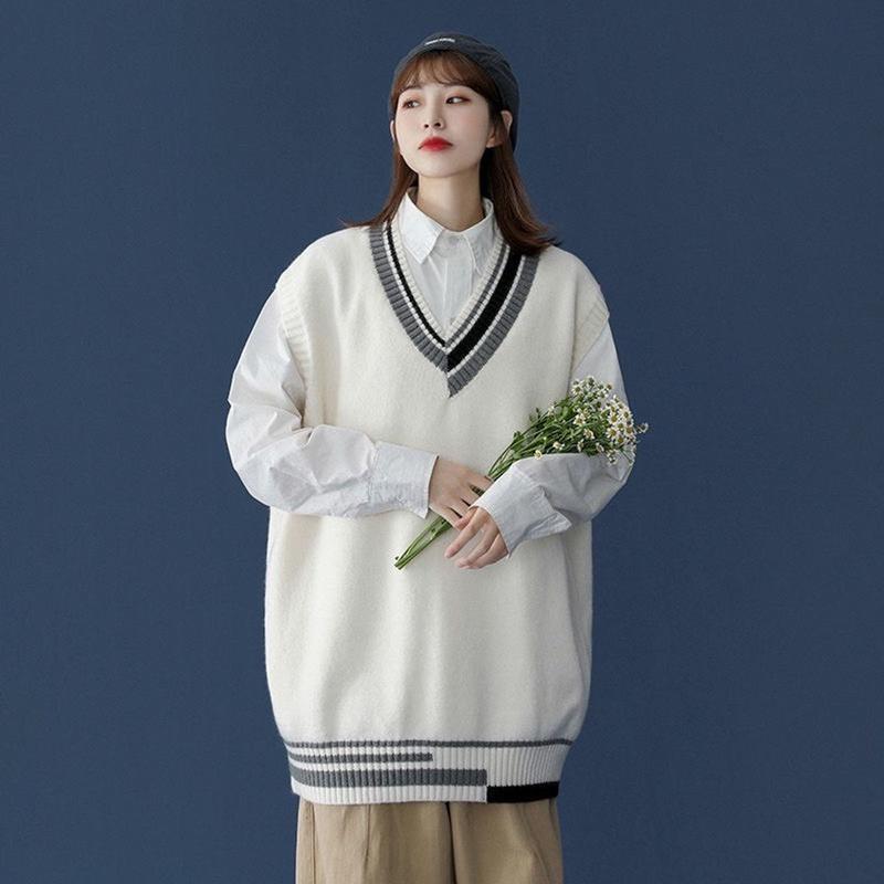 Áo gile len nam nữ trắng đen xám sọc viền Hàn Quốc unisex form rộng khoác ulzzang mới 2023 đồng phục PREPPY gilet 8