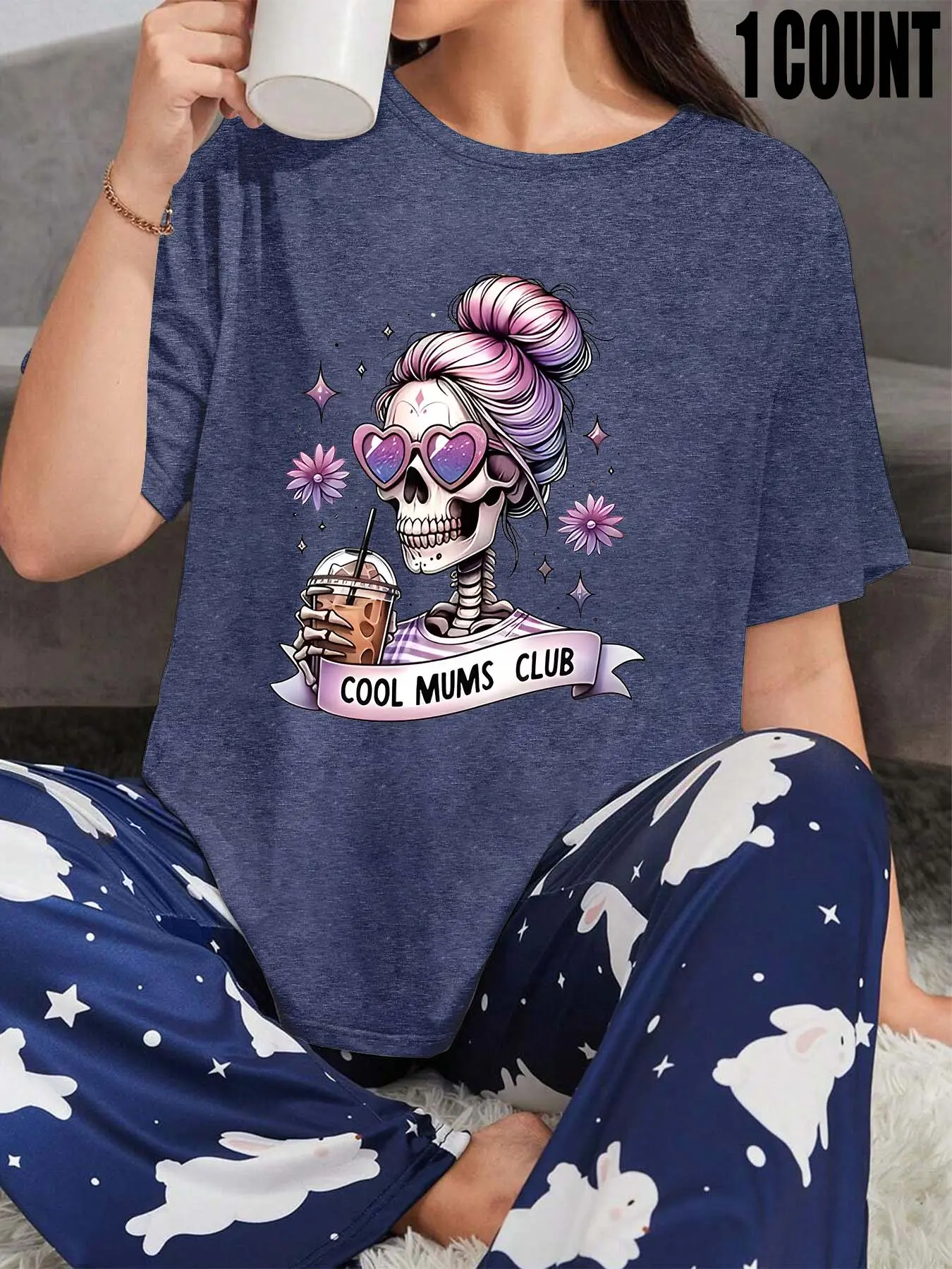 【Plus Size】 Skull & Letter Print Round Neck Tee, Casual Short Sleeve Crew Neck T-shirt for Summer, Women's Plus Sleepwear for Daily Wear, Top