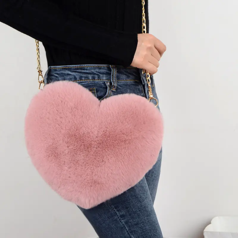 Túi Xách Nữ Hình Trái Tim, Thời Trang, Lông Giả Kawaii Dễ Thương, Túi Đeo Chéo, Ví, Túi Đeo Vai Dây Xích Nhồi Bông Túi Xách Nữ, Ví Trẻ em hình trái Tim một vai xiên chuỗi túi tình yêu túi Bag Nhung Da Tote