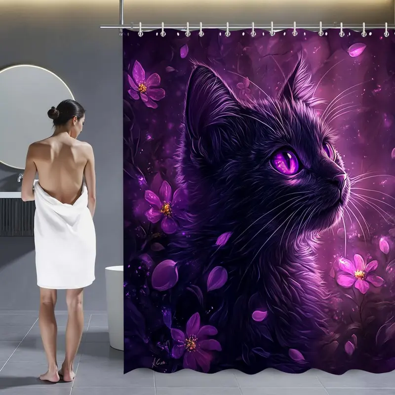 Cat Pattern Bathroom Decor Set, 1 Shower Curtain & 1 Toilet Lid Cover & 1 Rectangular Mat & 1 U-shaped Mat, Bathroom Accessories 3
