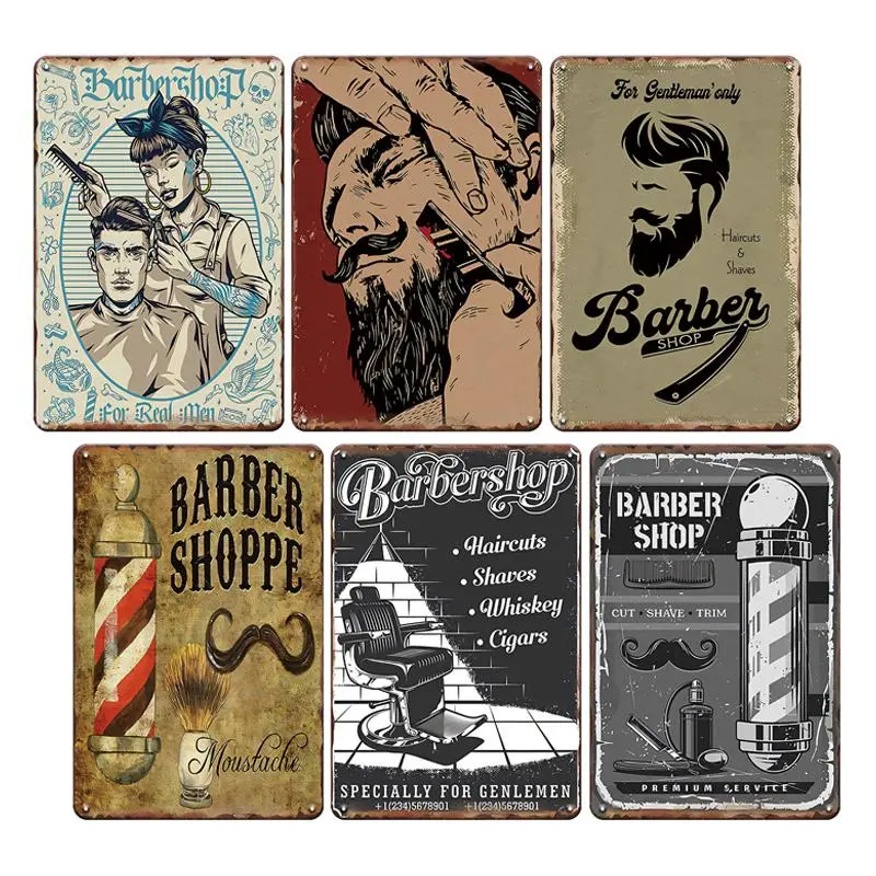 Vintage Barber Shop Pattern Metal Sign, 6 Counts/set Wall Hanging Iron Poster, Wall Art Decor for Home Dining Room Office Garage Barber Shop Salon