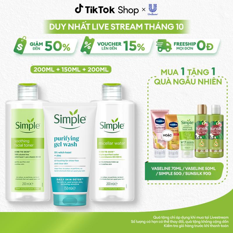 Combo 3 Skincare Simple Nước Tẩy Trang 200ml Sạch Sâu Ẩm Mịn + Sữa Rửa Mặt Kiềm Dầu Hỗ Trợ Ngừa Mụn 150ml + Nước Hoa Hồng Làm Dịu & Cân Bằng Da 200ml - Dành Cho Da Dầu Mụn [1]