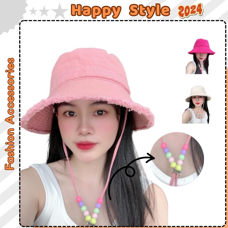 [TẶNG CHARM HOA] Mũ Bucket Tua Rua Dây Phối Hạt Nón Tai Bèo Trơn Thêu Nơ Kèm Dây Có Thể Tháo Rời N232 Voi