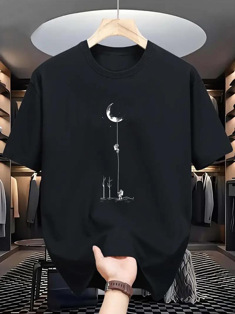 Product Introduction of Men's Moon Landing Graphic T-Shirt - Comfortable & Stretchy, Perfect for Summer Outdoor Activities | Street Casual Style with Round Neck in Black, Burgundy, Dark Green, Blue, Grey Customized Photo T-shirt 5