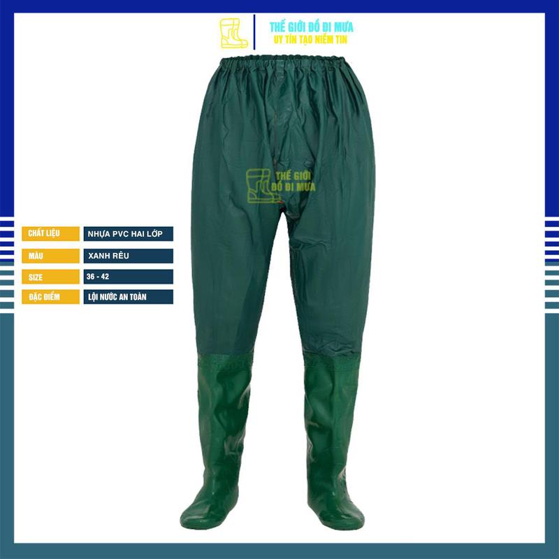 Quần liền ủng hai lớp xanh rêu phù hợp cho nam và nữ THEGIOIUNG dùng lội nước làm ruộng làm vườn đi cấy quần ủng