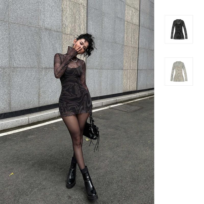 Đầm Nữ Ngắn Silk Through Chất Vải Thun lưới in patternn Thoải Mái WDN060,SOMEHOW Dress Váy Women