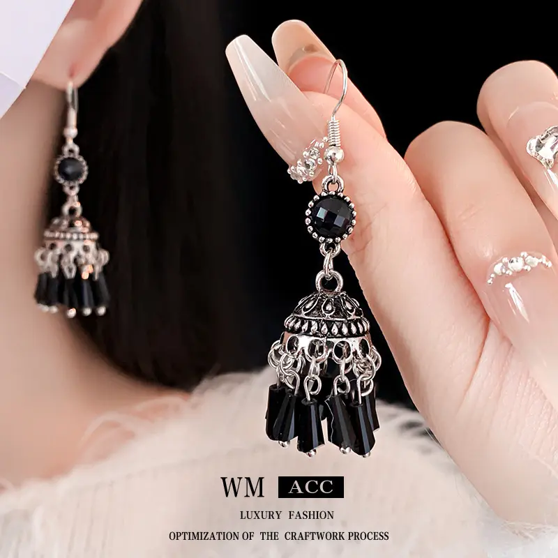 Ethnic style vintage lantern, crystal tassel, ear hook, artistic retro earrings, personalized and fashionable earrings