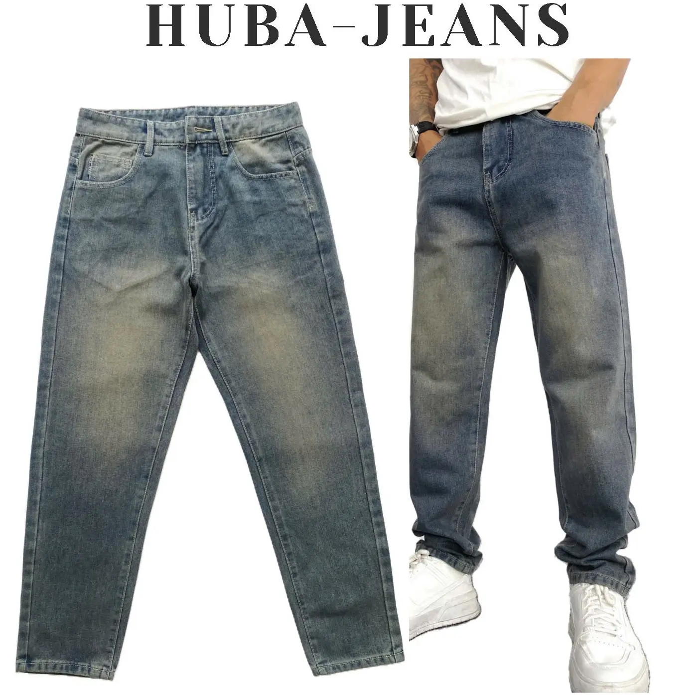 Quần jean baggy trơn ống rộng dáng form suông rộng quần bò nam dễ phối đồ, chất jean đẹp xanh ánh vàng Retro HUBA JEANS Pants Menswear Ong Có Túi Cotton Loang Denim grind  wash jean han quoc