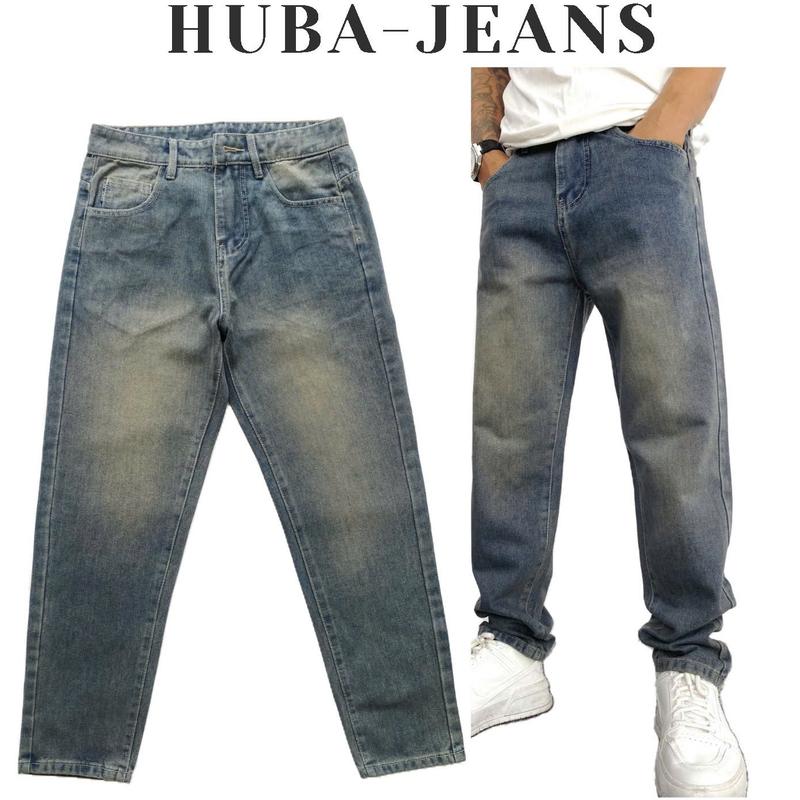 Quần jean baggy trơn ống rộng dáng form suông rộng quần bò nam dễ phối đồ chất jean đẹp xanh ánh vàng Retro HUBA JEANS Pants Menswear Ong Có Túi Cotton Loang Denim grind wash jean han quoc