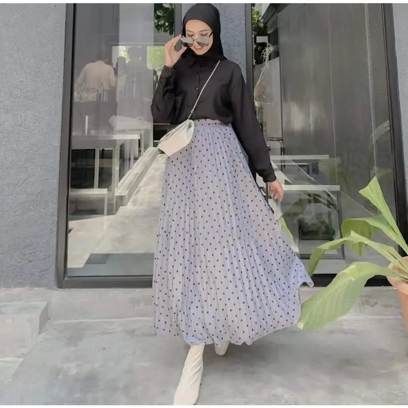 ROK PLISKET MOTIF POLKADOT 7/8 PREMIUM Bawahan Muslimah Rok Plisket Panjang Motif Wanita Terbaru | MOKAT STORE 4