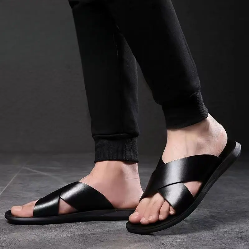 [Genuine Leather] Summer Outdoor Wear Slippers Men's Genuine Leather Men's Sandals One-Word Slippers Men