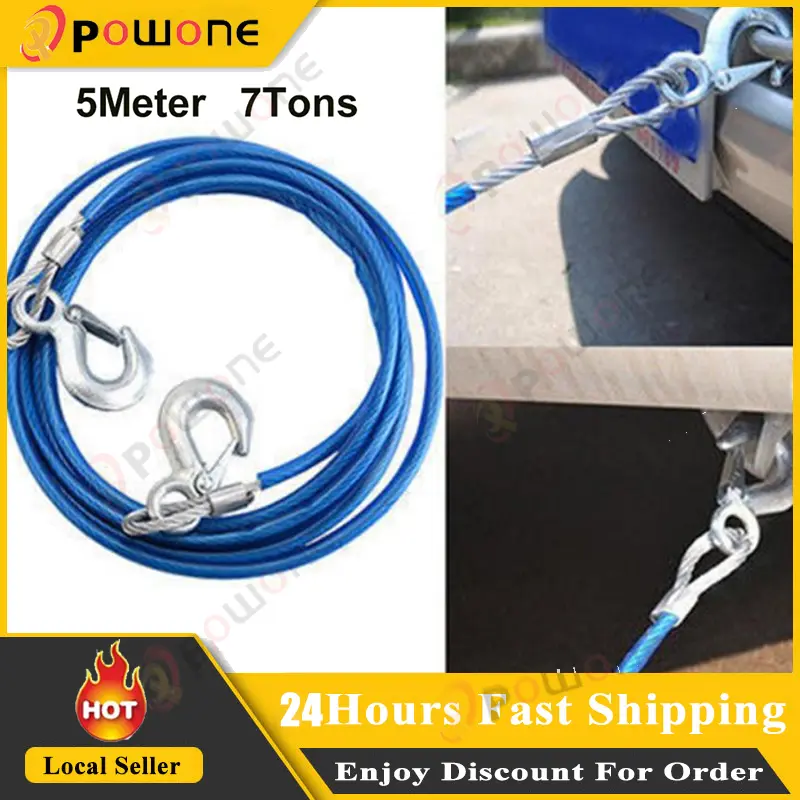 5M 7Tons Car Tow Cable Towing Strap Rope with Hooks Emergency Heavy Duty