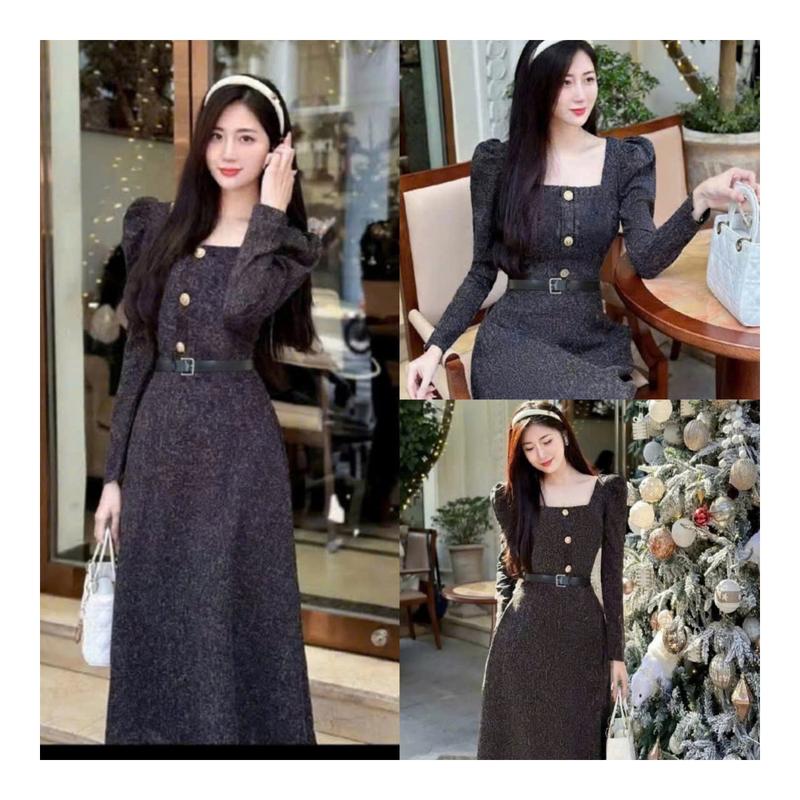   DEAL ĐỘC  QUYỀN  Đầm Thiết Kế EllY N028 Cổ Vuông Muối Tiêu Tay Dài Cao Cấp Vải Bố Hàn Sang Chảnh Đi Chơi Đi Tiệc Mặc Tết Nữ Women Dress 