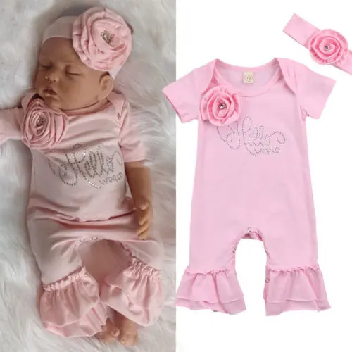 Girls Romper with Headband, Short Sleeve Bodysuit, Jumpsuit + Headwear