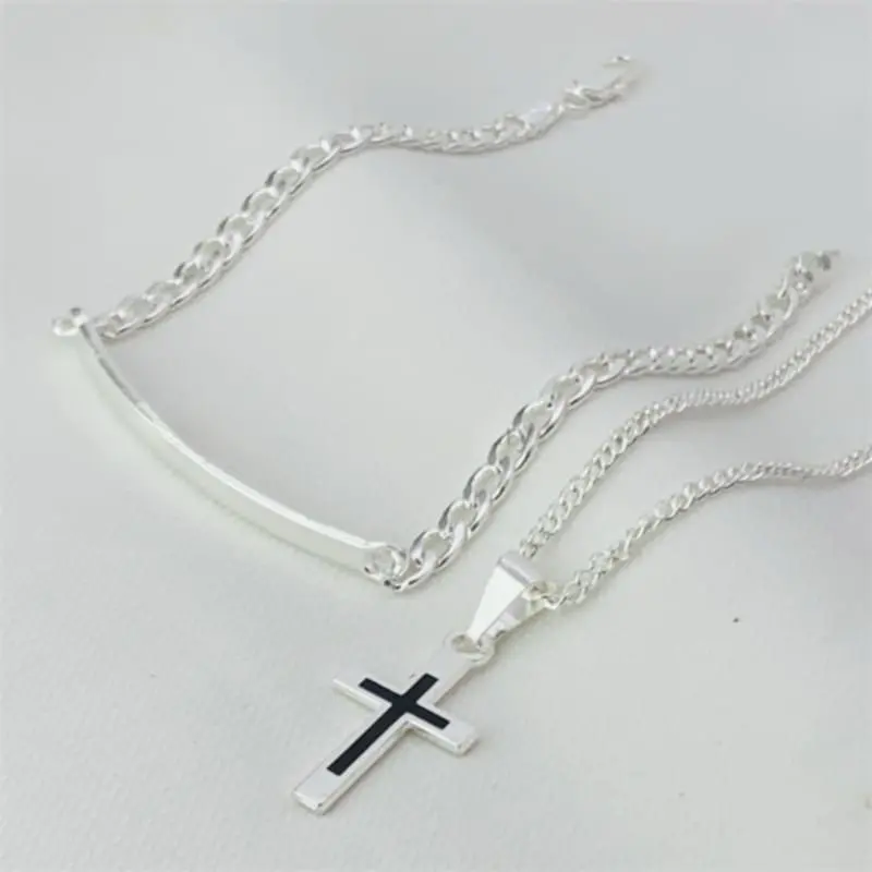 2in1 Set of Silver Plated Cross Design Pendant Necklace With Chain Link Bracelet Accessories for Men