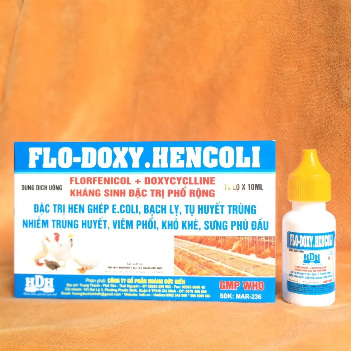 Flo.Doxy-Hencoli lọ 10ml đặc trị Hen ghép, E.coli, bạch lỵ, huyết trùng, viêm phổi, sưng phù đầu cho gia cầm, thủy cầm, trâu, bò